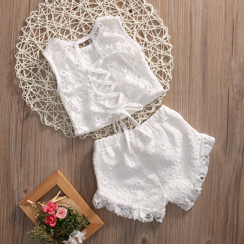 Summer New Style Baby Girls Clothes Sets Pirncess Kids Girl Lace Tops Shirt Shorts Summer Outfits Set Clothes - ebowsos