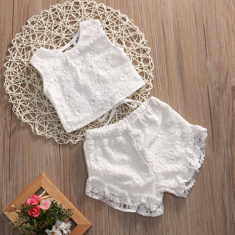 Summer New Style Baby Girls Clothes Sets Pirncess Kids Girl Lace Tops Shirt Shorts Summer Outfits Set Clothes - ebowsos