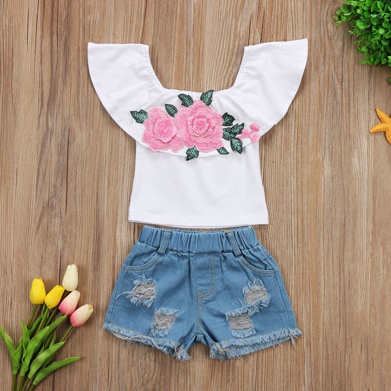 Summer New Style Baby Girls Clothes Sets Toddler Kids Baby Girls Floral Tops Denim Shorts Pants 2pcs Clothes Outfits Set - ebowsos