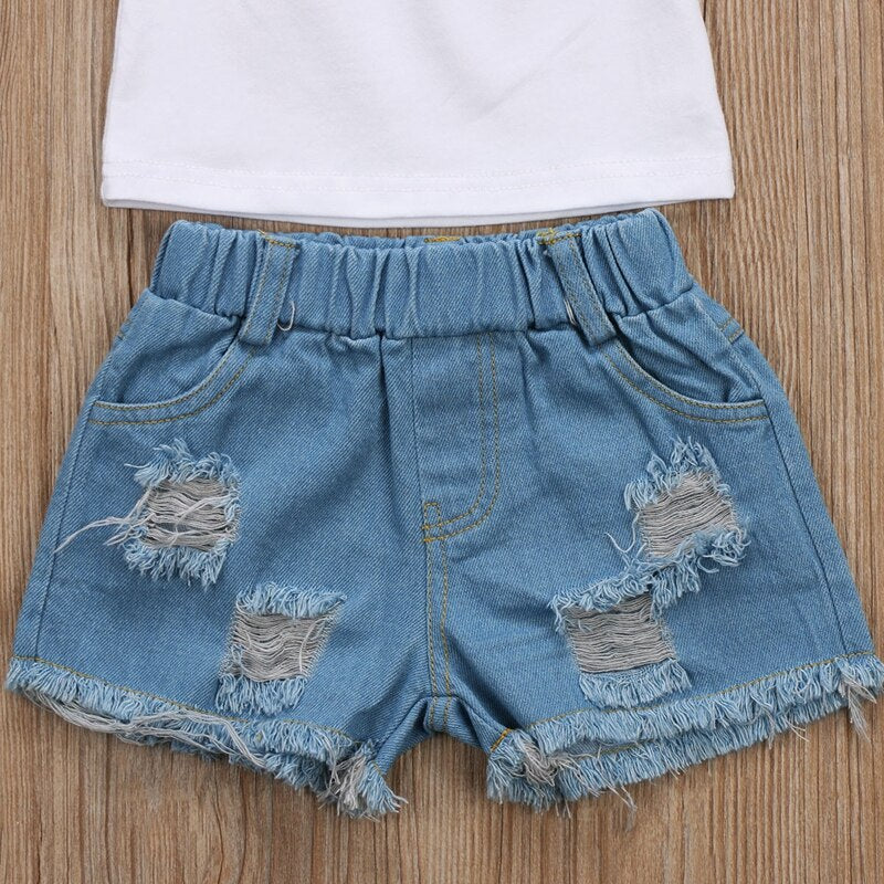 Summer New Style Baby Girls Clothes Sets Toddler Kids Baby Girls Floral Tops Denim Shorts Pants 2pcs Clothes Outfits Set - ebowsos