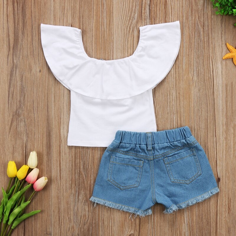 Summer New Style Baby Girls Clothes Sets Toddler Kids Baby Girls Floral Tops Denim Shorts Pants 2pcs Clothes Outfits Set - ebowsos