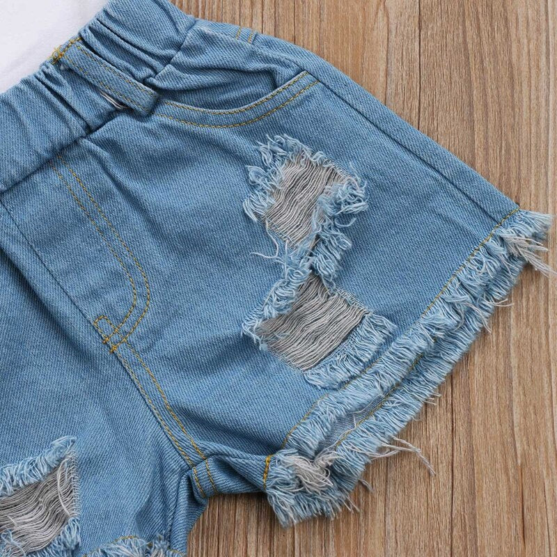 Summer New Style Baby Girls Clothes Sets Toddler Kids Baby Girls Floral Tops Denim Shorts Pants 2pcs Clothes Outfits Set - ebowsos