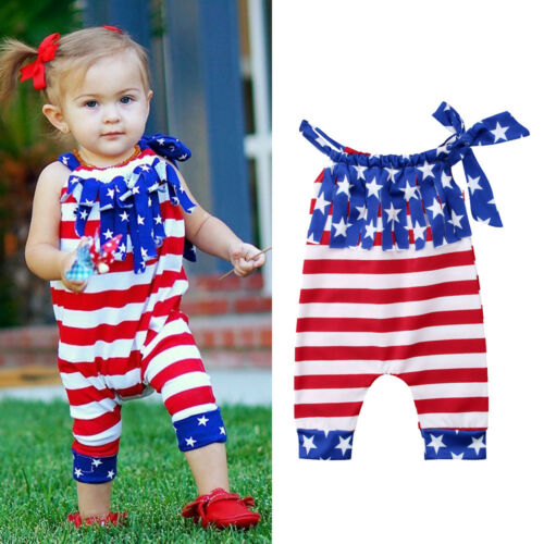 Summer Newborn Baby Girls American Flag Print Rompers National day 4th July - ebowsos