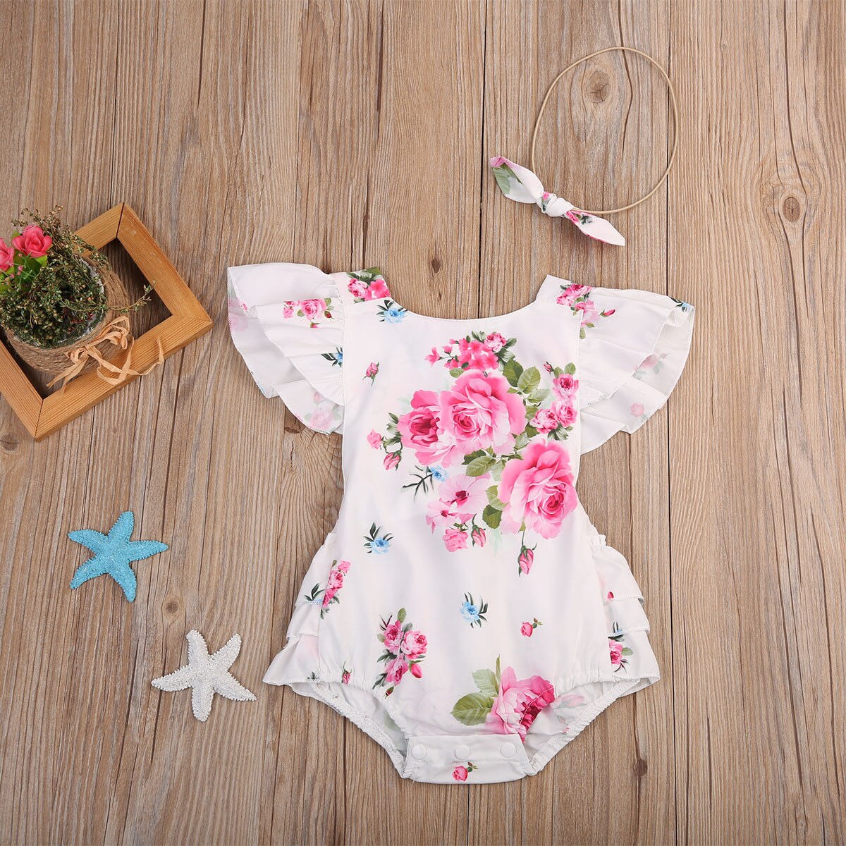 Summer Newborn Baby Girls Floral Girls Bodysuit Pirncess Cotton Jumpsuit Heandband Outfits Sunsuit Clothes - ebowsos