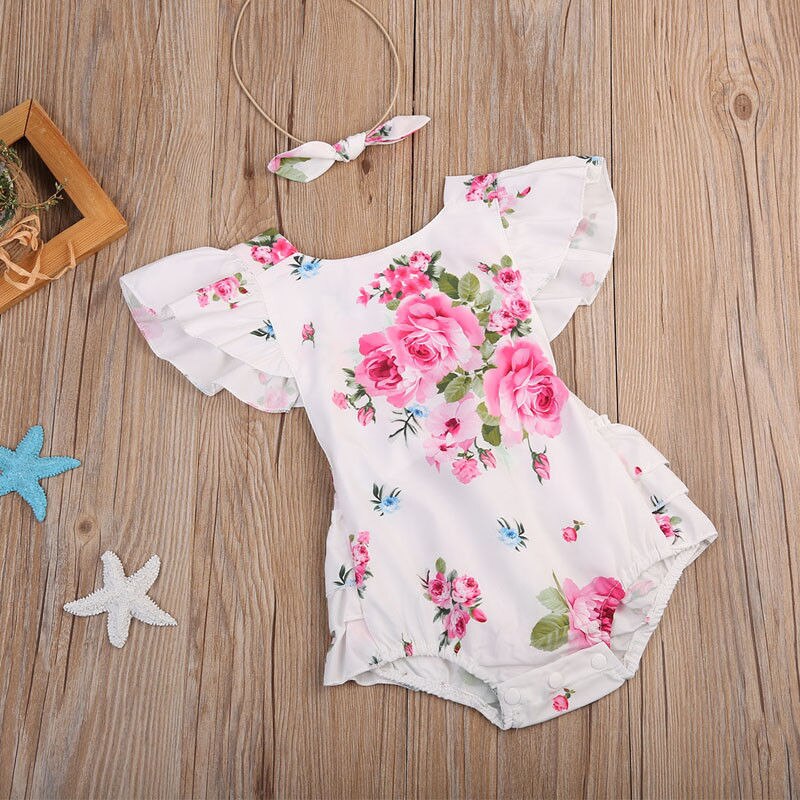 Summer Newborn Baby Girls Floral Girls Bodysuit Pirncess Cotton Jumpsuit Heandband Outfits Sunsuit Clothes - ebowsos