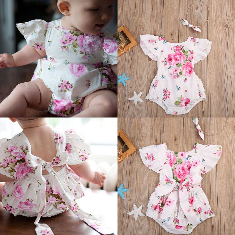 Summer Newborn Baby Girls Floral Girls Bodysuit Pirncess Cotton Jumpsuit Heandband Outfits Sunsuit Clothes - ebowsos