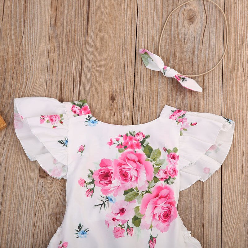 Summer Newborn Baby Girls Floral Girls Bodysuit Pirncess Cotton Jumpsuit Heandband Outfits Sunsuit Clothes - ebowsos