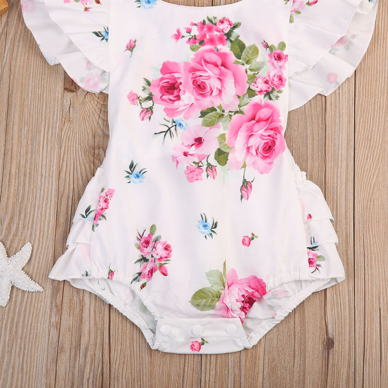 Summer Newborn Baby Girls Floral Girls Bodysuit Pirncess Cotton Jumpsuit Heandband Outfits Sunsuit Clothes - ebowsos