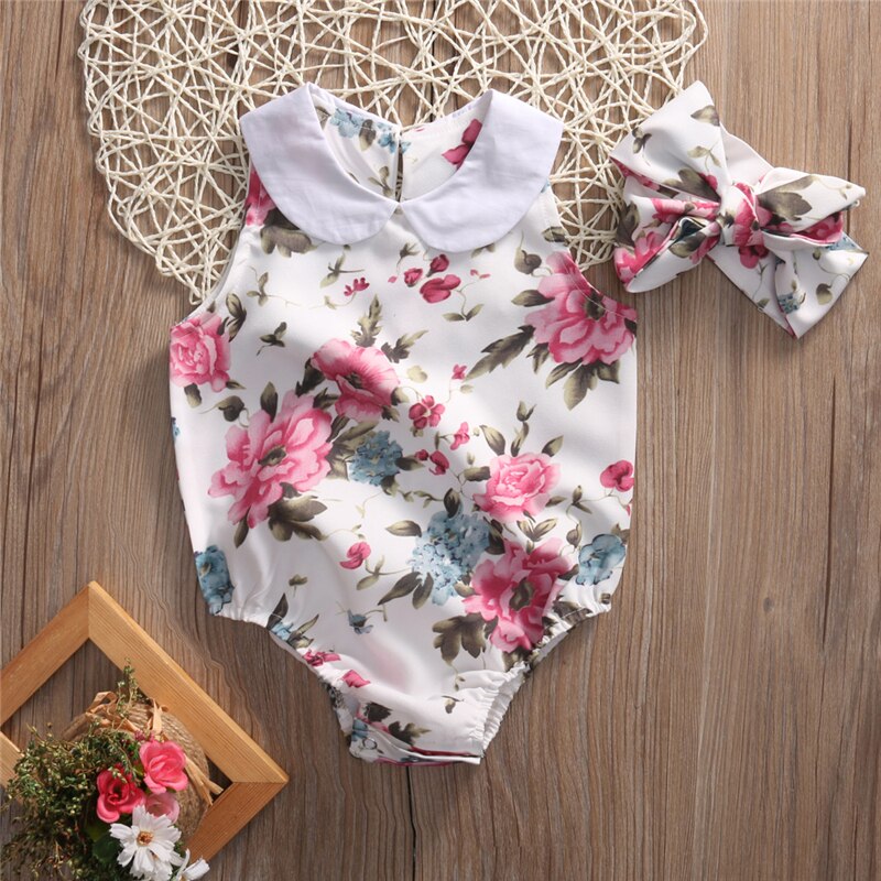 Summer Newborn Infant Baby Girl Floral Doll collar Romper Jumpsuit +Headband Outfits Sunsuit Clothes - ebowsos