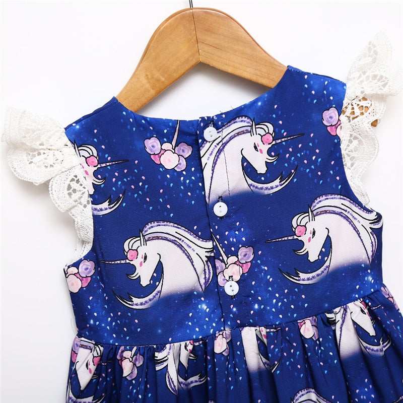 Summer Princess Lace Fly Sleeve Dress Kid Baby Girls Galaxy Unicorn Party Pageant Tutu Dress Sundress Summer Dresses Clothes - ebowsos