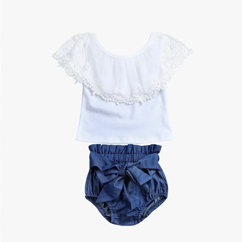 Summer Sweet Baby Girl Clothes Sets Denim Pants Toddler Kids Baby Girls Lace Tops Denim Shorts 2Pcs Outfits Set Clothes - ebowsos