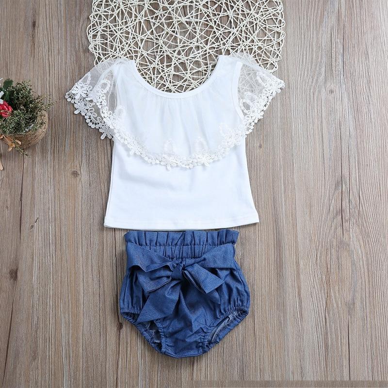 Summer Sweet Baby Girl Clothes Sets Denim Pants Toddler Kids Baby Girls Lace Tops Denim Shorts 2Pcs Outfits Set Clothes - ebowsos