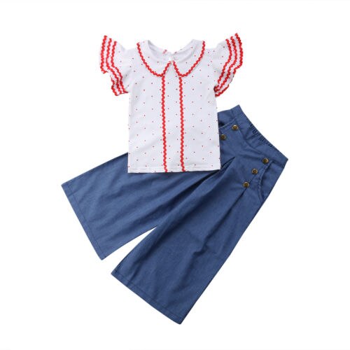 Summer Toddler Baby Girls Fashion Clothes Sets 2PCS Short Ruffles Sleeve Dot Print T-Shirts Tops Blue Wide Leg Pants 1-6Y - ebowsos