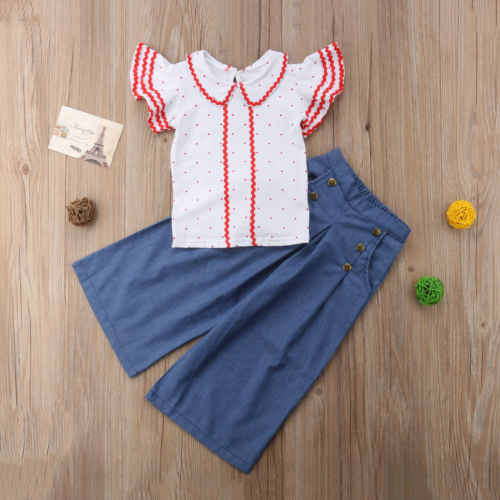 Summer Toddler Baby Girls Fashion Clothes Sets 2PCS Short Ruffles Sleeve Dot Print T-Shirts Tops Blue Wide Leg Pants 1-6Y - ebowsos