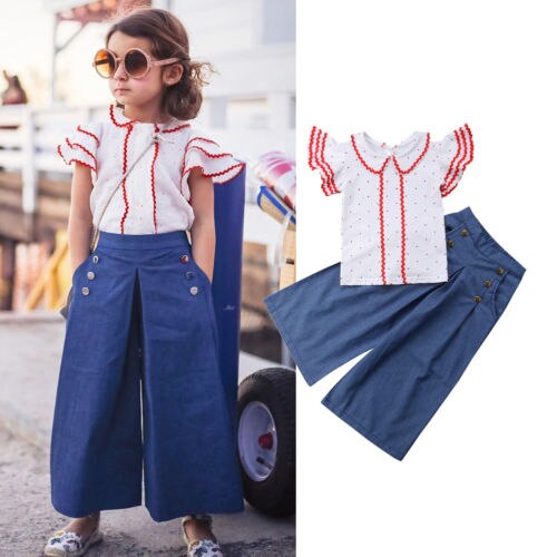 Summer Toddler Baby Girls Fashion Clothes Sets 2PCS Short Ruffles Sleeve Dot Print T-Shirts Tops Blue Wide Leg Pants 1-6Y - ebowsos