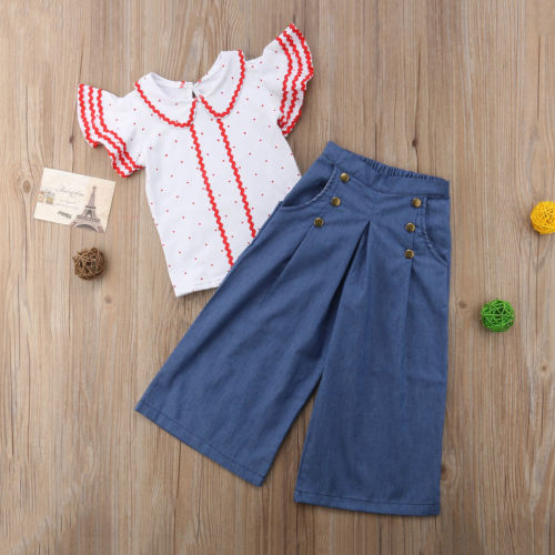 Summer Toddler Baby Girls Fashion Clothes Sets 2PCS Short Ruffles Sleeve Dot Print T-Shirts Tops Blue Wide Leg Pants 1-6Y - ebowsos