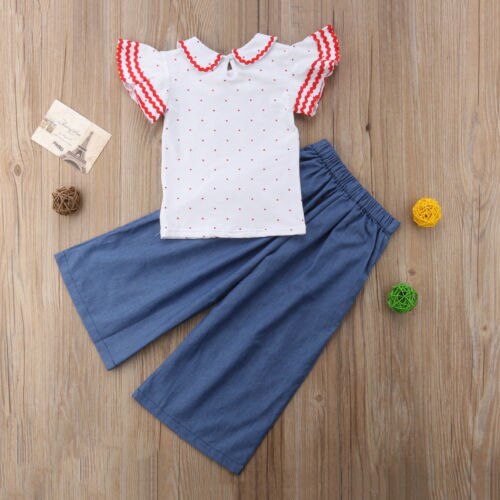 Summer Toddler Baby Girls Fashion Clothes Sets 2PCS Short Ruffles Sleeve Dot Print T-Shirts Tops Blue Wide Leg Pants 1-6Y - ebowsos