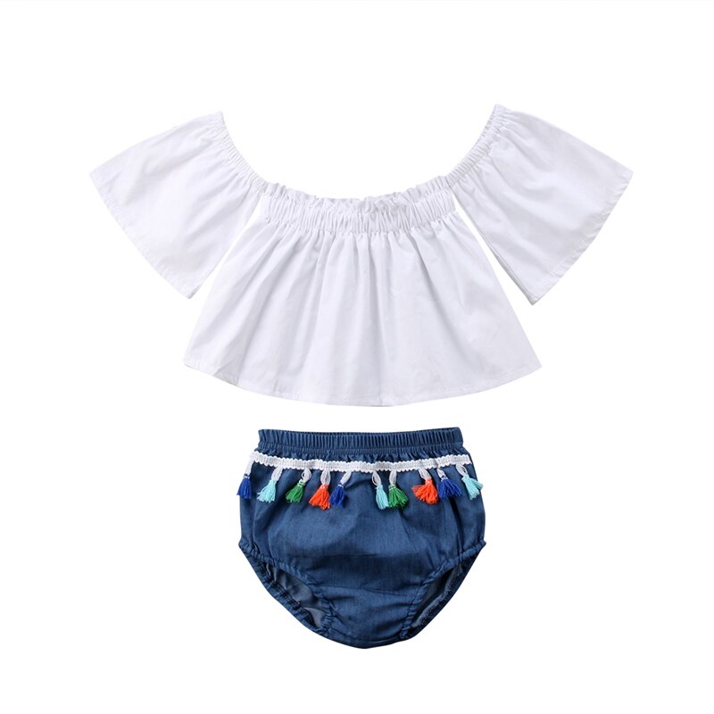 Summer Toddler Baby Girls Off Shoulder Tops Newborn Clothing+Tassel Shorts 2Pcs Outfits Clothes Set - ebowsos