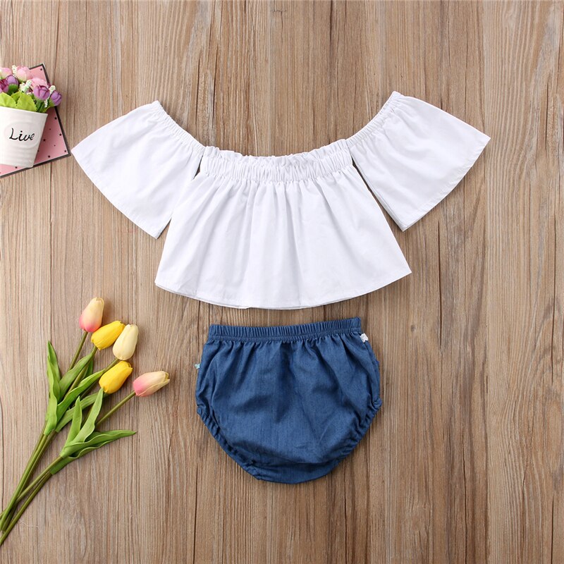 Summer Toddler Baby Girls Off Shoulder Tops Newborn Clothing+Tassel Shorts 2Pcs Outfits Clothes Set - ebowsos