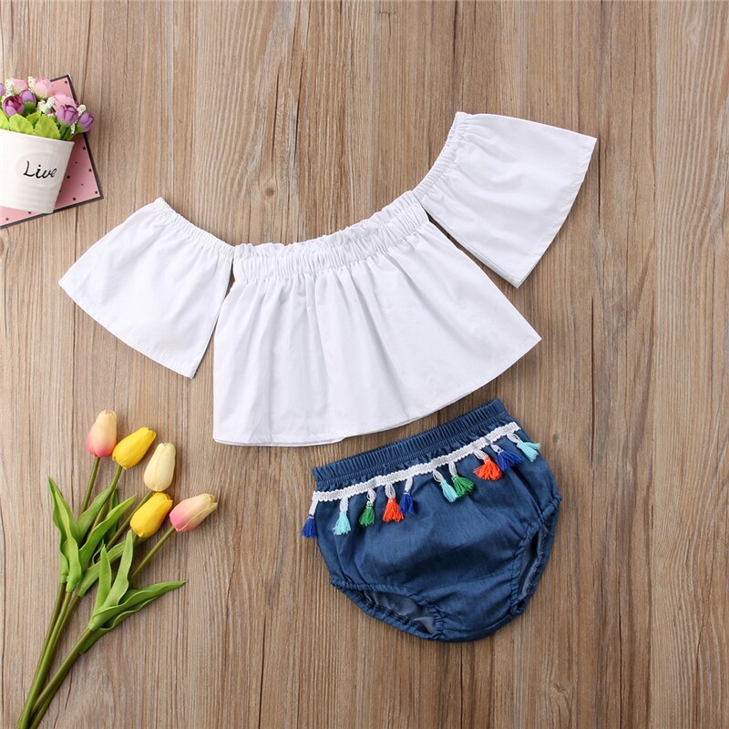 Summer Toddler Baby Girls Off Shoulder Tops Newborn Clothing+Tassel Shorts 2Pcs Outfits Clothes Set - ebowsos