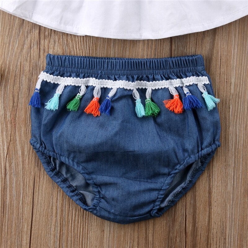 Summer Toddler Baby Girls Off Shoulder Tops Newborn Clothing+Tassel Shorts 2Pcs Outfits Clothes Set - ebowsos