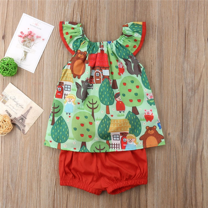 Summer Toddler Baby Kids Girl Shorts Sleeve Cartoon Print Tops Pants 2Pcs Set Clothes - ebowsos