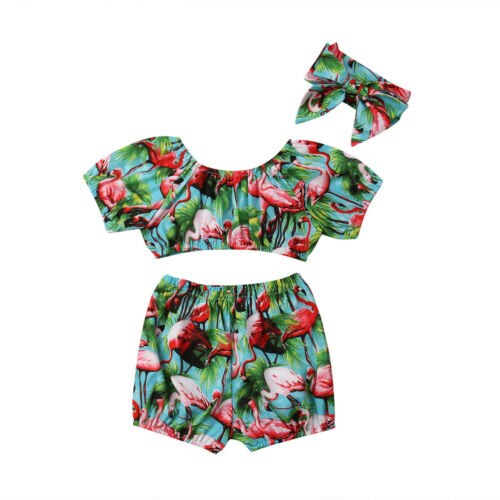 Summer Toddler Kid Baby Girl 3pcs Outfits Sets Crop Tops Pants Headband Set Summer Sunsuit Casual Clothing - ebowsos