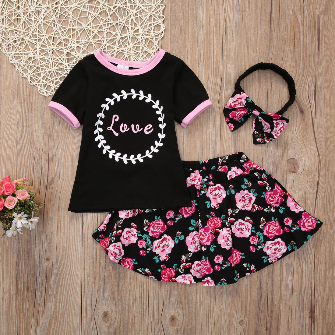 Summer Toddler Kids Baby Girl Short Sleeve T-shirt Tops Floral Outfits Set Clothes Summer - ebowsos