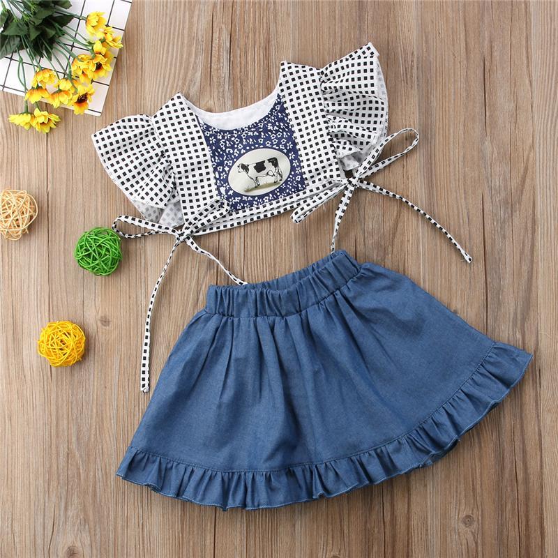 Summer Toddler Kids Baby Girls short Ruffled Sleeveless T-shirt Tops+Mini Skirt Dress 2Pcs Outfits Clothes  Set - ebowsos