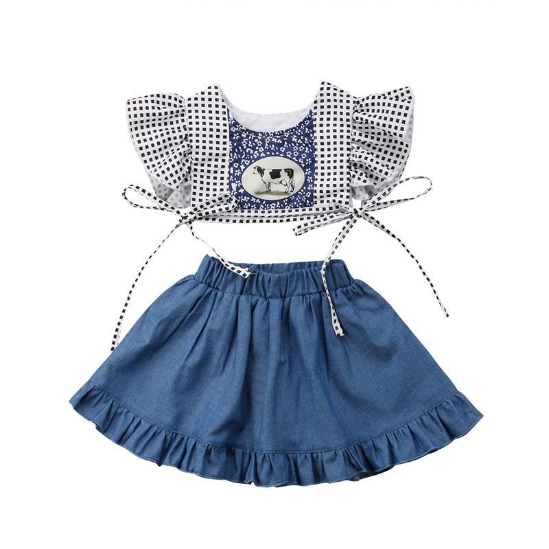 Summer Toddler Kids Baby Girls short Ruffled Sleeveless T-shirt Tops+Mini Skirt Dress 2Pcs Outfits Clothes  Set - ebowsos