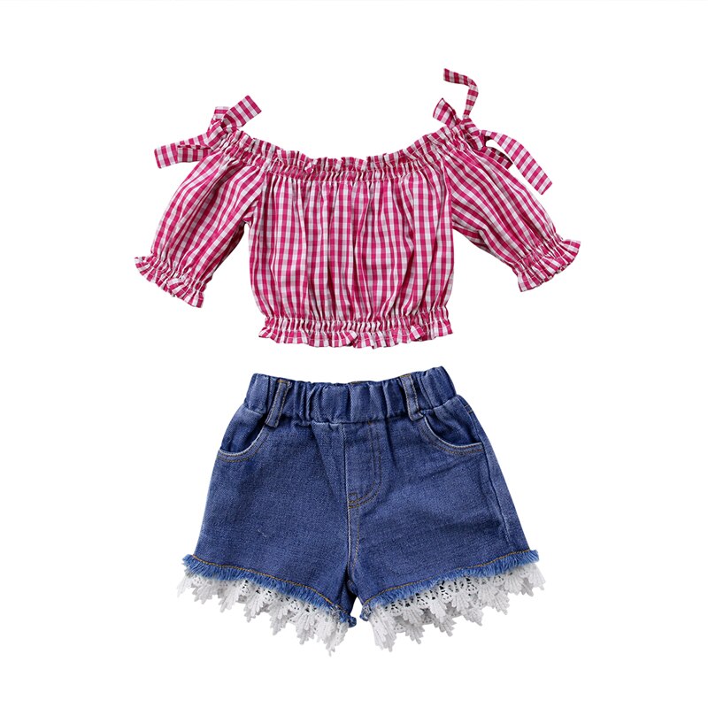 Summer Toddler Kids Girls Plaids Off Shoulder Red Tops+Lace Denim Shorts 2Pcs Outfits Fashion Summer Cute Set - ebowsos