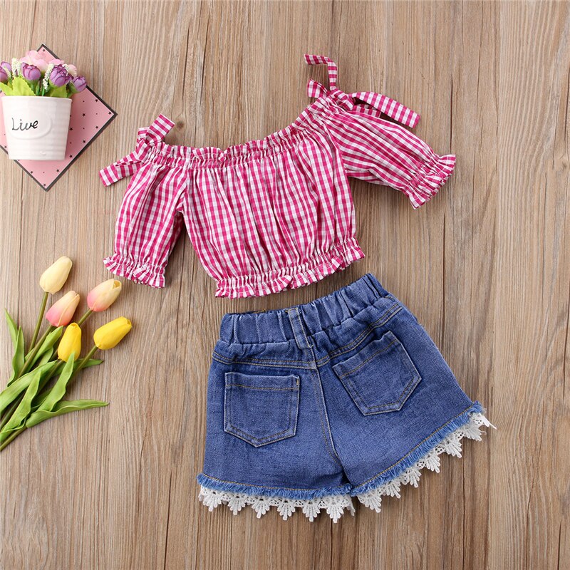 Summer Toddler Kids Girls Plaids Off Shoulder Red Tops+Lace Denim Shorts 2Pcs Outfits Fashion Summer Cute Set - ebowsos