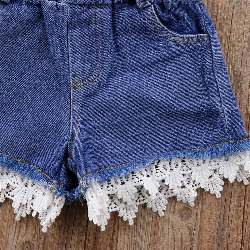 Summer Toddler Kids Girls Plaids Off Shoulder Red Tops+Lace Denim Shorts 2Pcs Outfits Fashion Summer Cute Set - ebowsos