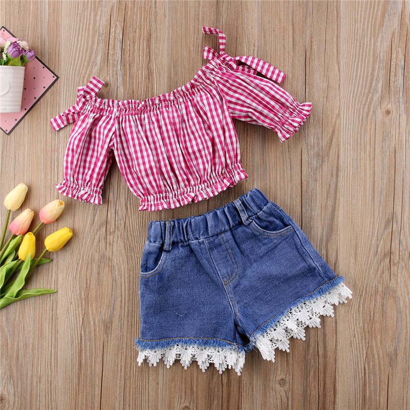 Summer Toddler Kids Girls Plaids Off Shoulder Red Tops+Lace Denim Shorts 2Pcs Outfits Fashion Summer Cute Set - ebowsos