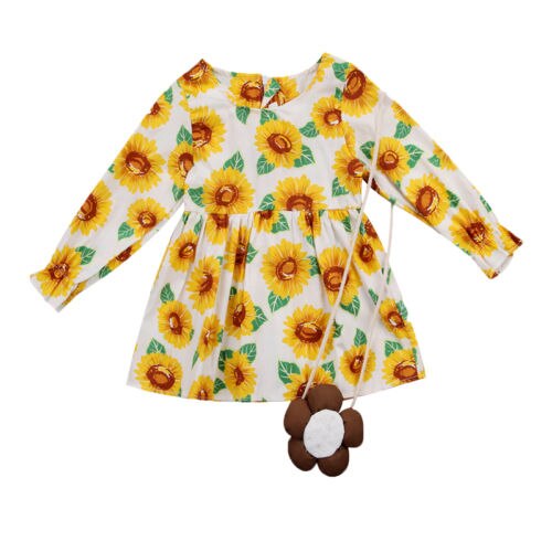 Sunflower Girl Kid Baby Dress+Bag Long Sleeve Party Birthday Tutu Sundress - ebowsos