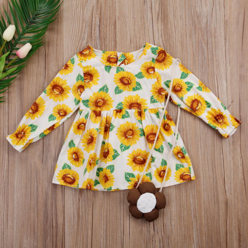 Sunflower Girl Kid Baby Dress+Bag Long Sleeve Party Birthday Tutu Sundress - ebowsos