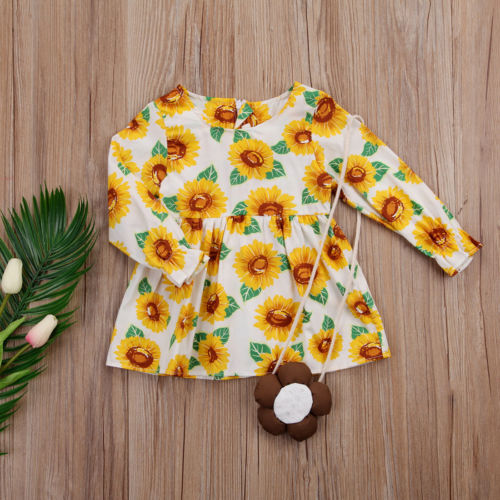 Sunflower Girl Kid Baby Dress+Bag Long Sleeve Party Birthday Tutu Sundress - ebowsos