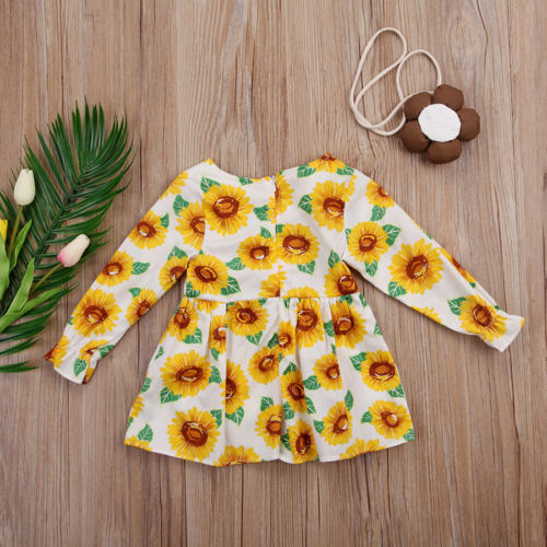 Sunflower Girl Kid Baby Dress+Bag Long Sleeve Party Birthday Tutu Sundress - ebowsos