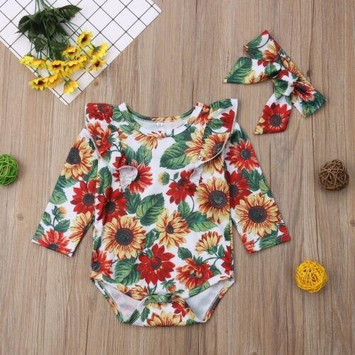 Sunfower Newborn Baby Girls Romper Playsuit Jumpsuit+Headband 2Pcs Outfits Autumn Spring Se - ebowsos