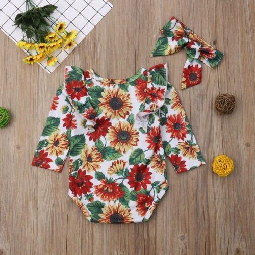 Sunfower Newborn Baby Girls Romper Playsuit Jumpsuit+Headband 2Pcs Outfits Autumn Spring Se - ebowsos