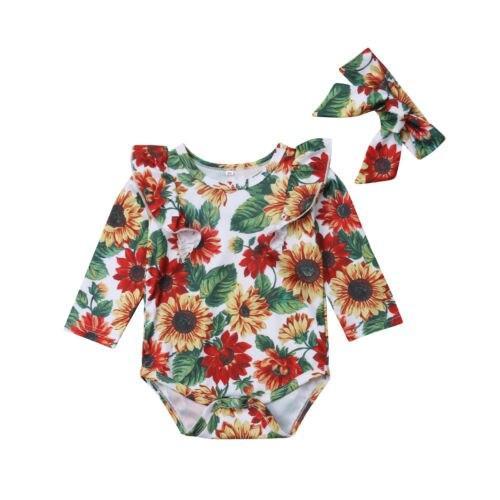 Sunfower Newborn Baby Girls Romper Playsuit Jumpsuit+Headband 2Pcs Outfits Autumn Spring Se - ebowsos