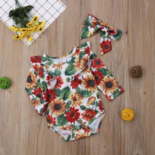 Sunfower Newborn Baby Girls Romper Playsuit Jumpsuit+Headband 2Pcs Outfits Autumn Spring Se - ebowsos