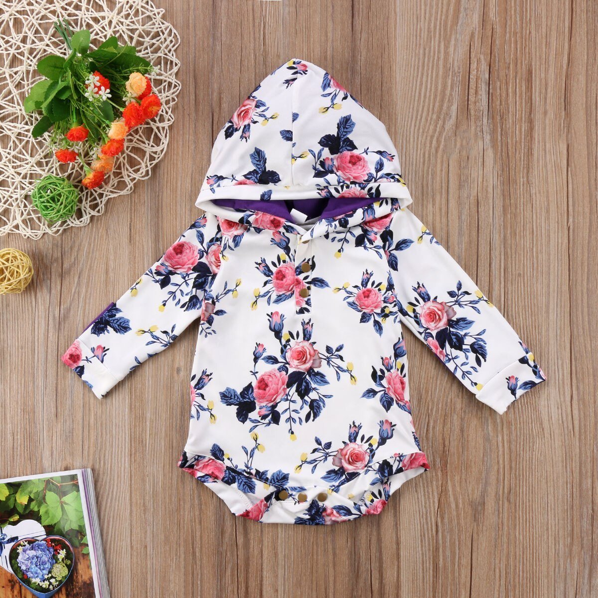 Sweet Floral Newborn Baby Infant Girls Flower Long Sleeve Hooded Jumpsuit Bodysuit Outfits Clothes - ebowsos