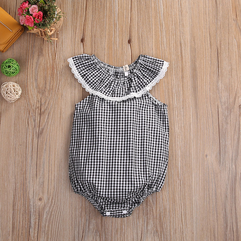 Sweet Plaid Newborn Kids Baby Girl Lace Sunsuit Bodysuit Sleeveless Cotton Jumpsuit Outfits Clothes Summer - ebowsos