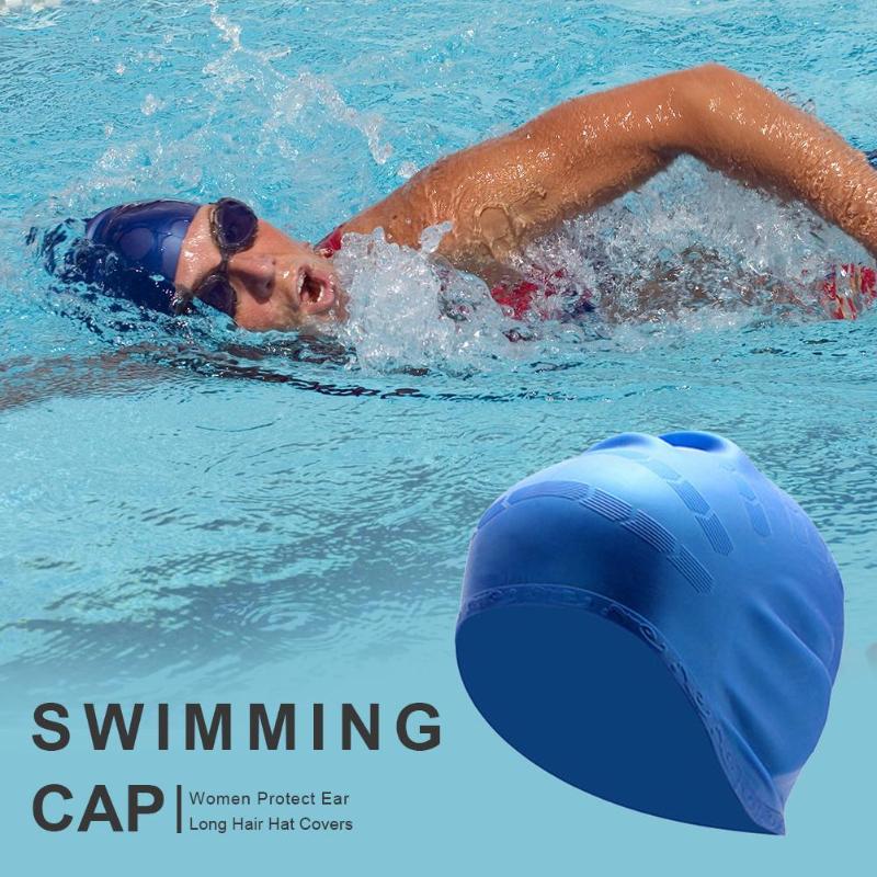 Swimming Cap Silicone Waterproof Protect Ears Long Hair Sports Swim Pool Hat Swimming Cap Free size for Men & Women Adults-ebowsos