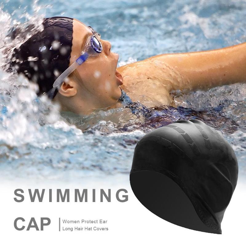 Swimming Cap Silicone Waterproof Protect Ears Long Hair Sports Swim Pool Hat Swimming Cap Free size for Men & Women Adults-ebowsos