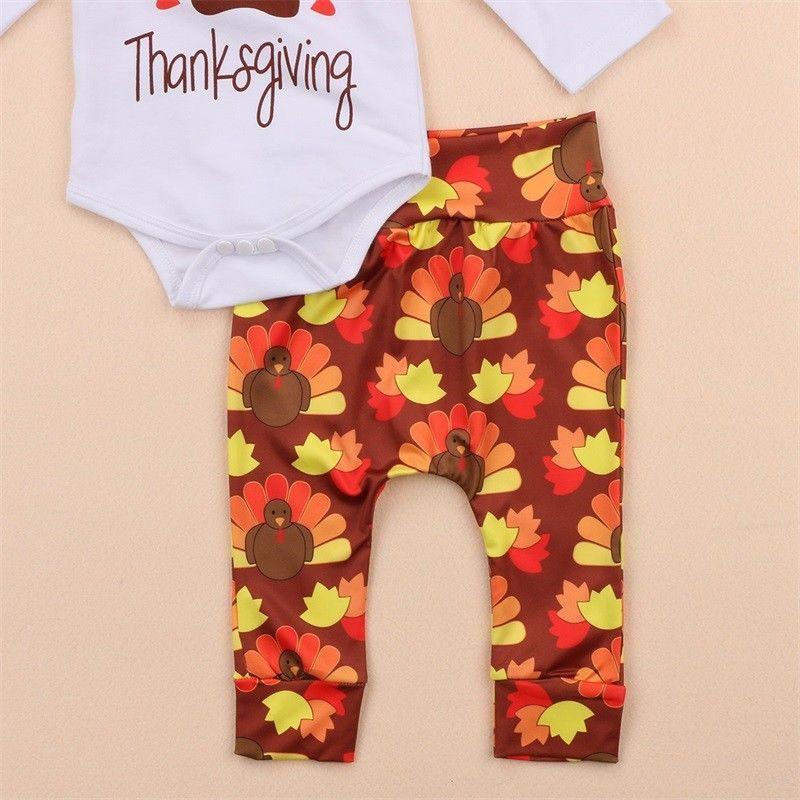 Thanksgiving Newborn Baby Girl Outfit Clothes Romper Jumpsuit Bodysuit Pants Hat Headband Set - ebowsos