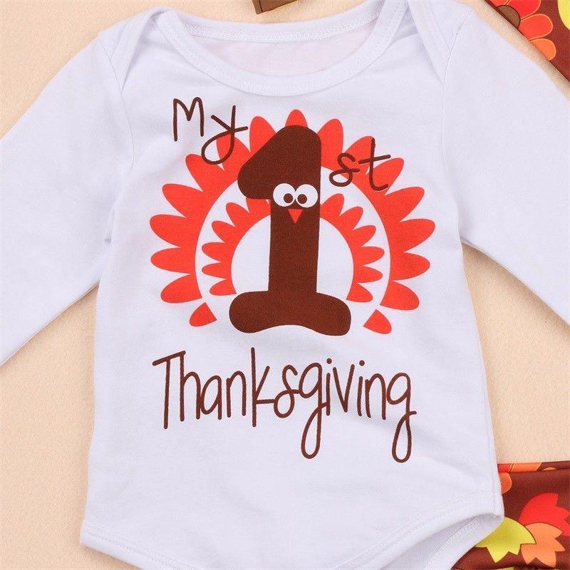 Thanksgiving Newborn Baby Girl Outfit Clothes Romper Jumpsuit Bodysuit Pants Hat Headband Set - ebowsos