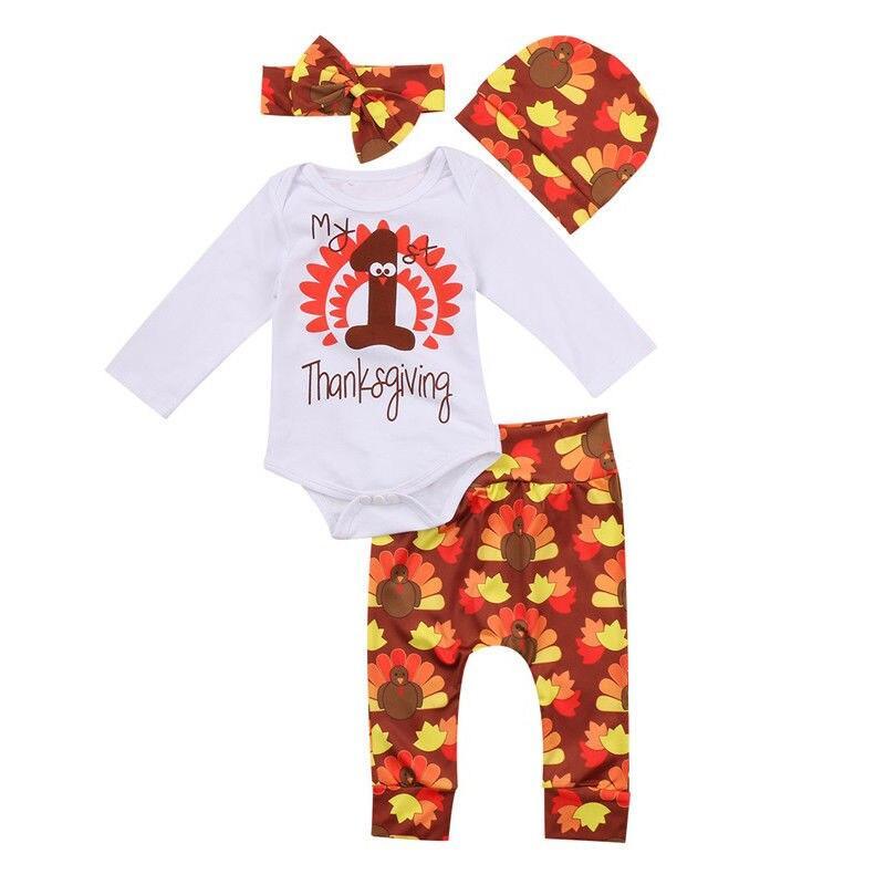 Thanksgiving Newborn Baby Girl Outfit Clothes Romper Jumpsuit Bodysuit Pants Hat Headband Set - ebowsos