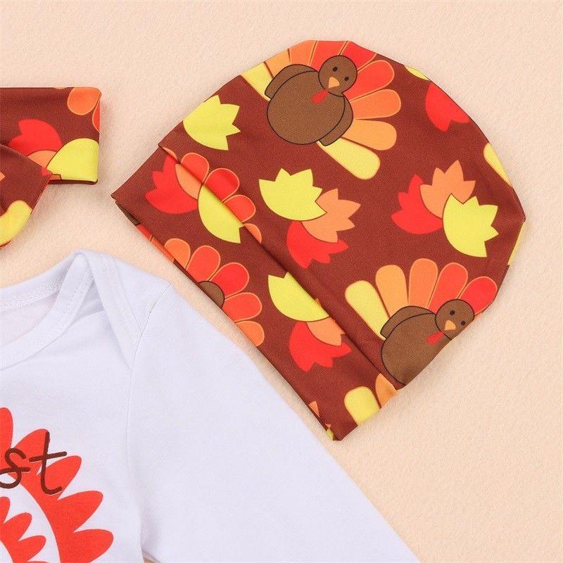 Thanksgiving Newborn Baby Girl Outfit Clothes Romper Jumpsuit Bodysuit Pants Hat Headband Set - ebowsos